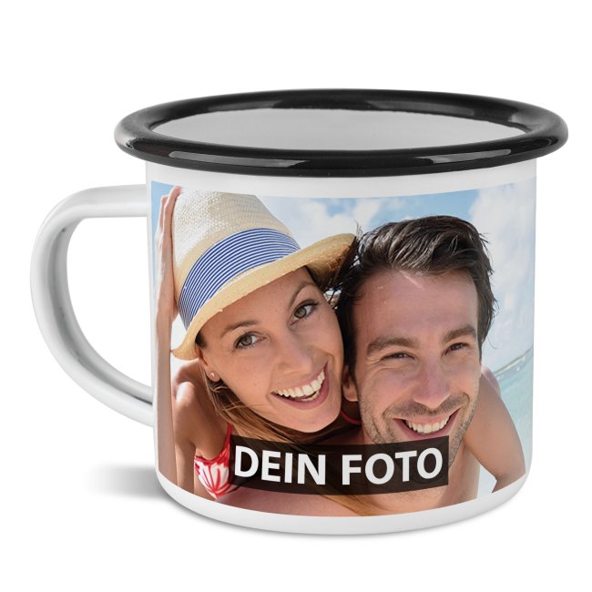 Tassendruck Große Emailletasse weiß Rand schwarz - 480 ml