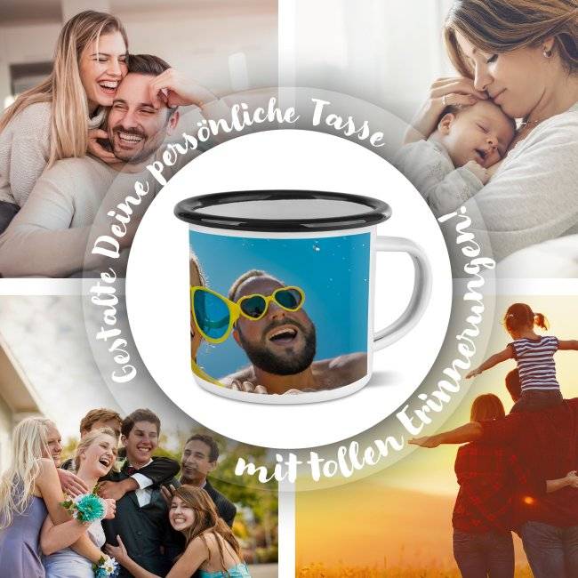 Tassendruck Große Emailletasse weiß Rand schwarz - 480 ml Letzter Tag