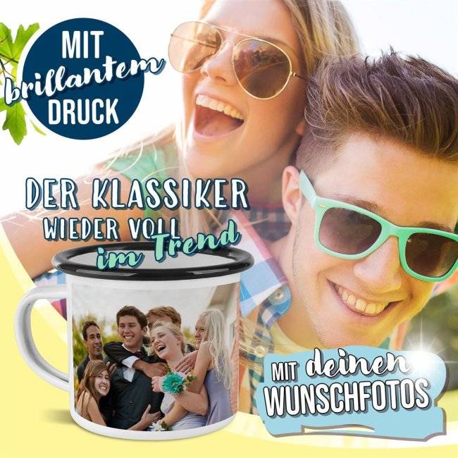 Tassendruck Große Emailletasse weiß Rand schwarz - 480 ml Letzter Tag
