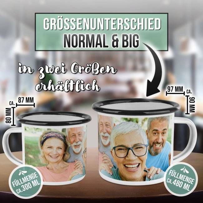Tassendruck Große Emailletasse weiß Rand schwarz - 480 ml Letzter Tag