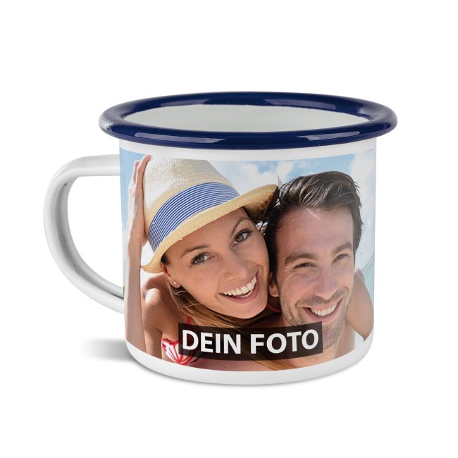 Tassendruck Emailletasse weiß Rand blau - 300 ml