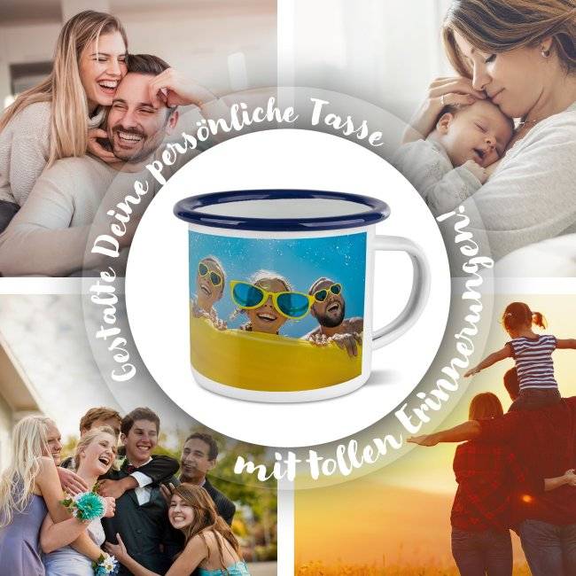 Tassendruck Emailletasse weiß Rand blau - 300 ml Bis zu 50% Rabatt
