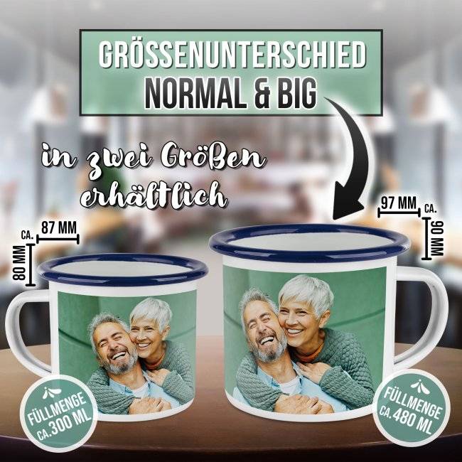 Tassendruck Emailletasse weiß Rand blau - 300 ml Bis zu 50% Rabatt