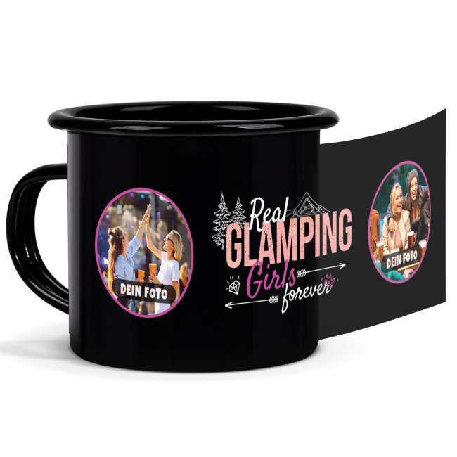 Tassendruck Emaille- in schwarz mit Spruch - Glamping Girls - mit 2 Fotos gestalten