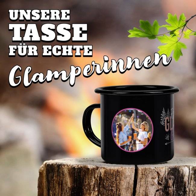 Tassendruck Emaille- in schwarz mit Spruch - Glamping Girls - mit 2 Fotos gestalten Bis zu 65% Rabatt