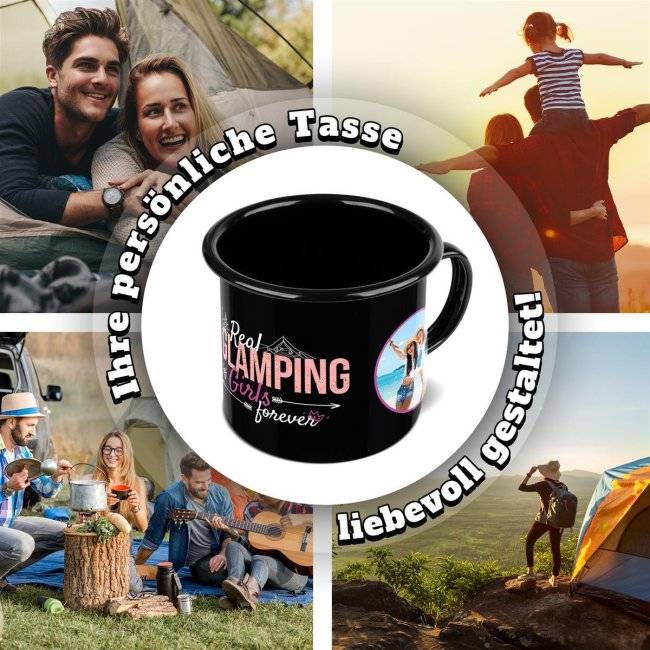 Tassendruck Emaille- in schwarz mit Spruch - Glamping Girls - mit 2 Fotos gestalten Bis zu 65% Rabatt