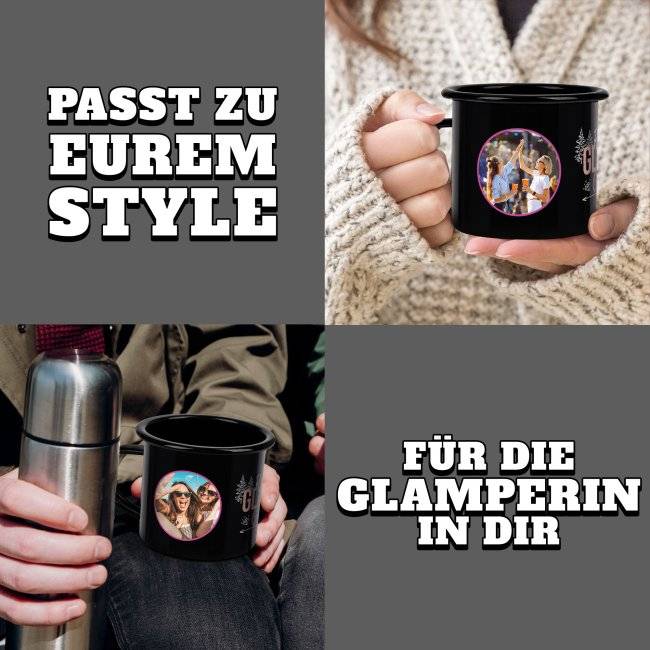 Tassendruck Emaille- in schwarz mit Spruch - Glamping Girls - mit 2 Fotos gestalten Bis zu 65% Rabatt