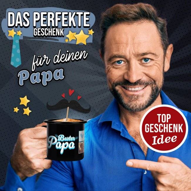 Tassendruck Emaille- schwarz - Bester Papa - mit drei Fotos Nur für heute