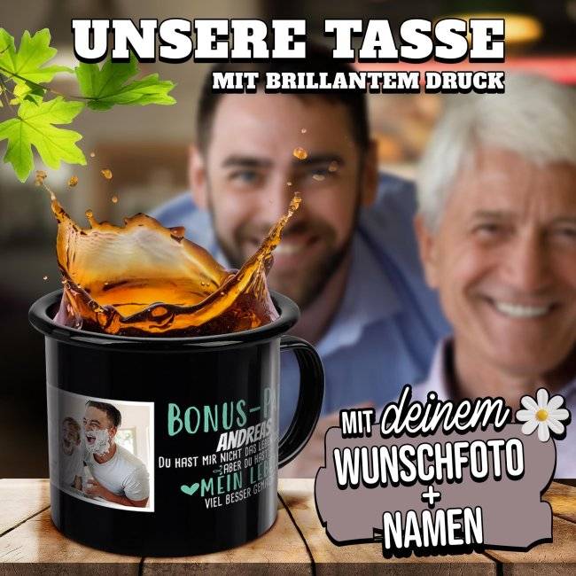 Tassendruck Emaille- schwarz - für den Bonuspapa mit Foto und Name Bis zu 55% Rabatt