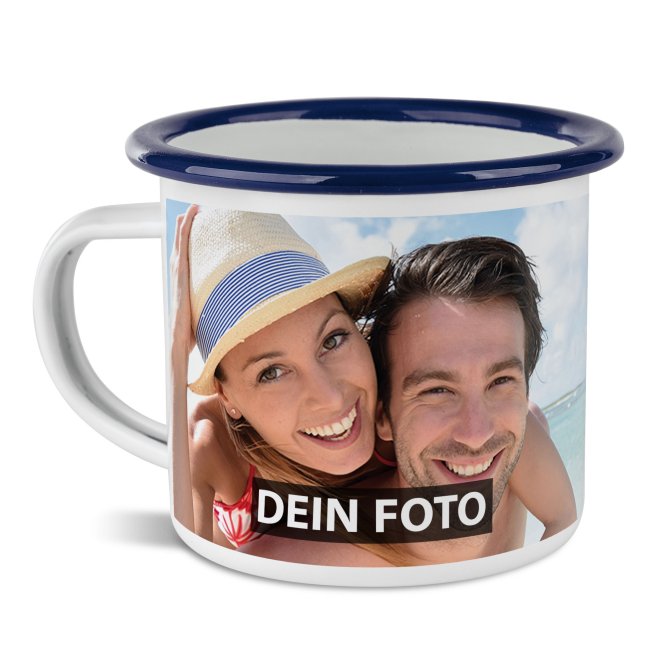 Tassendruck Große Emailletasse weiß Rand blau - 480 ml