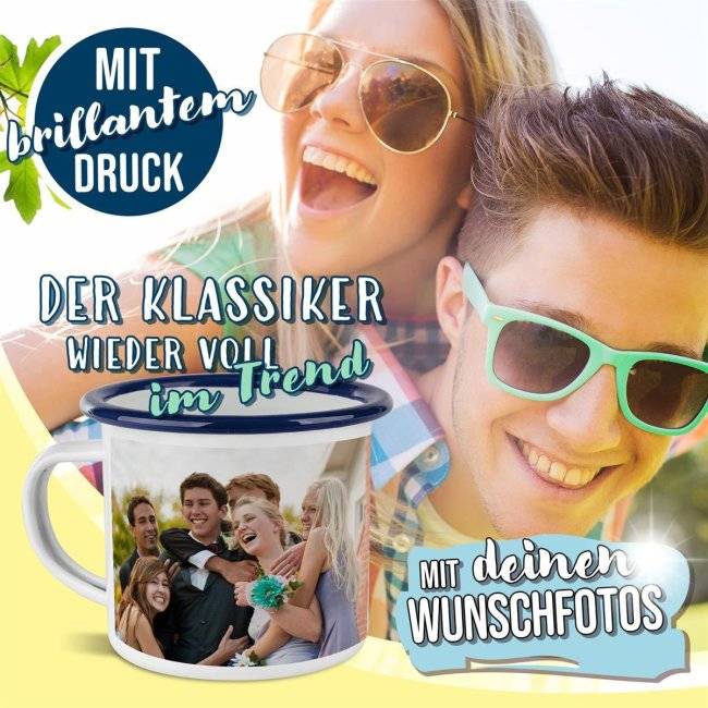 Tassendruck Große Emailletasse weiß Rand blau - 480 ml Nur noch ein Tag übrig