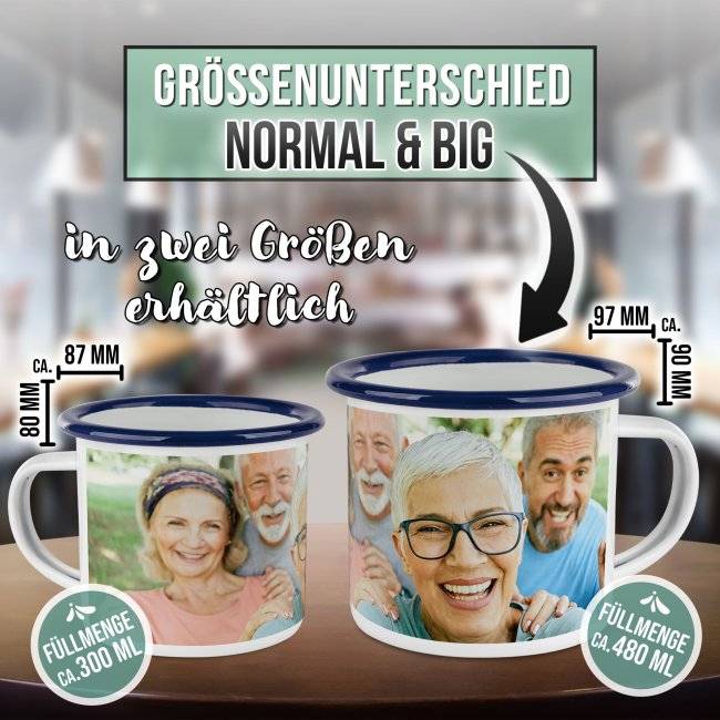 Tassendruck Große Emailletasse weiß Rand blau - 480 ml Nur noch ein Tag übrig