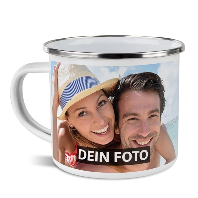 Tassendruck Große Emailletasse weiß Rand silber - 480 ml