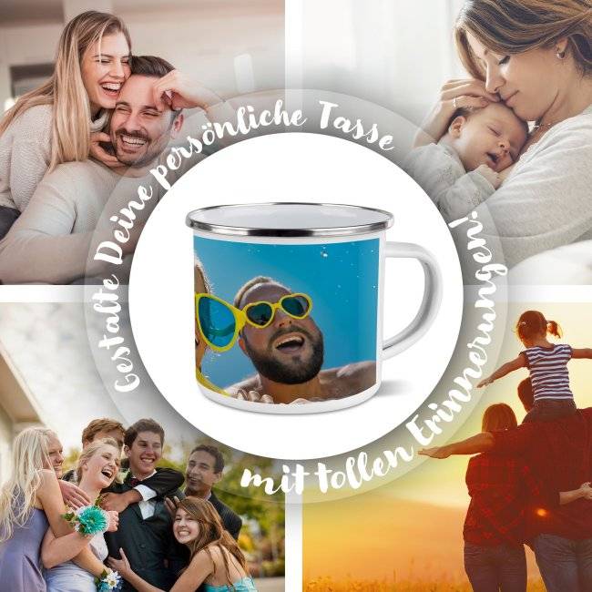 Tassendruck Große Emailletasse weiß Rand silber - 480 ml Super Rabatt