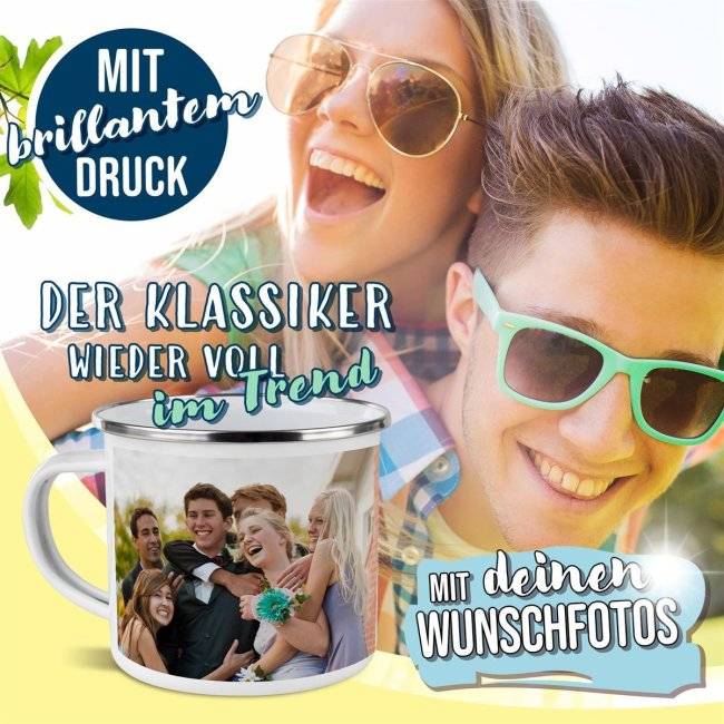 Tassendruck Große Emailletasse weiß Rand silber - 480 ml Super Rabatt