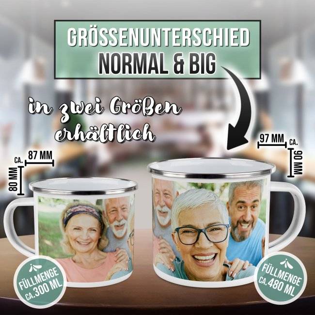 Tassendruck Große Emailletasse weiß Rand silber - 480 ml Super Rabatt