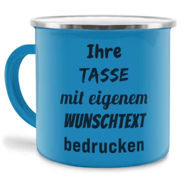 Tassendruck Emailletasse blau Rand silber