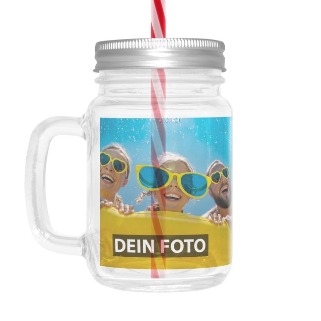 Tassendruck Retro-Trinkglas selbst gestalten - mit Strohhalm - Klar, 400 ml
