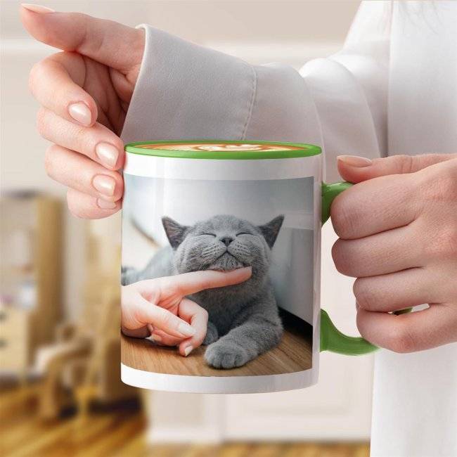Tassendruck Fototasse innen/Henkel hellgrün Sonderangebot
