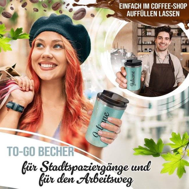 Tassendruck Glitzer-Edelstahlbecher mit Name selbst gestalten - 350 ml - in 4 Farben Vatertagsangebot