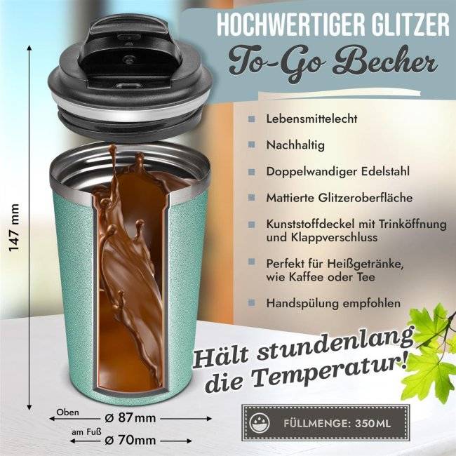 Tassendruck Glitzer-Edelstahlbecher mit Name selbst gestalten - 350 ml - in 4 Farben Vatertagsangebot