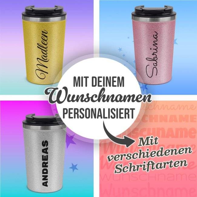 Tassendruck Glitzer-Edelstahlbecher mit Name selbst gestalten - 350 ml - in 4 Farben Vatertagsangebot