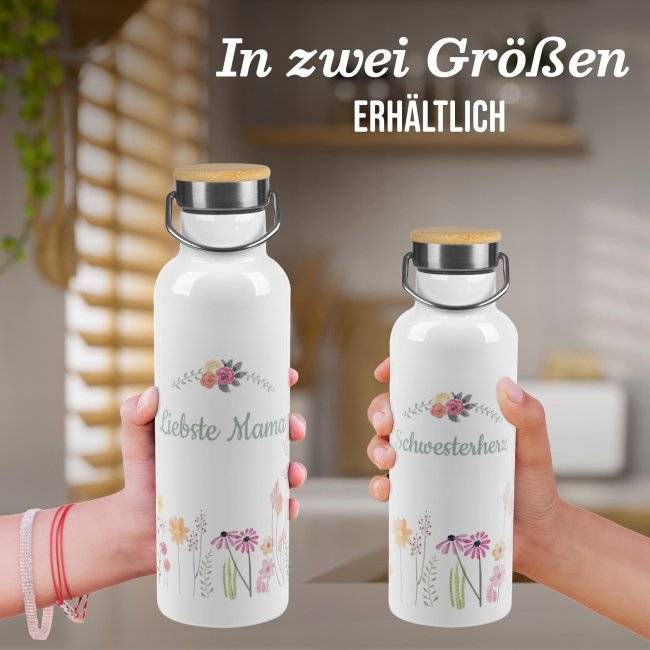 Tassendruck Trinkflasche mit Bambusdeckel - Wildblumen - mit Name - Weiß Lagerräumung