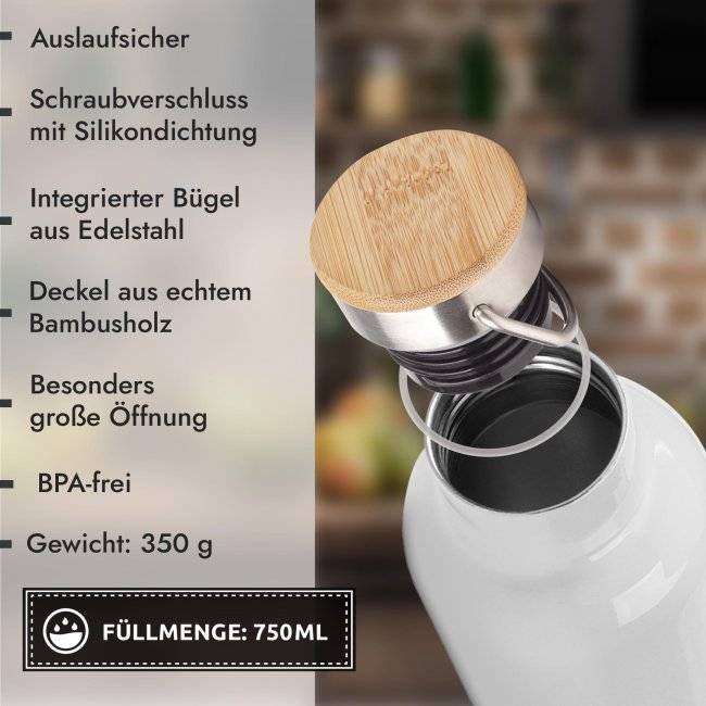 Tassendruck Trinkflasche mit Bambusdeckel - Wildblumen - mit Name - Weiß Lagerräumung