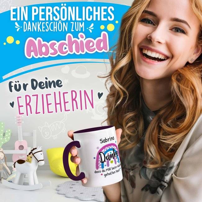 Tassendruck Erzieherin- - Danke, dass du mir beim Wachsen geholfen hast - Regenbogen Pink - mit Name Nur noch ein Tag übrig