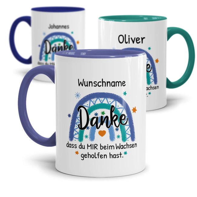 Tassendruck Namenstasse für Erzieher - Danke, dass du mir beim Wachsen geholfen hast - Regenbogen Blau