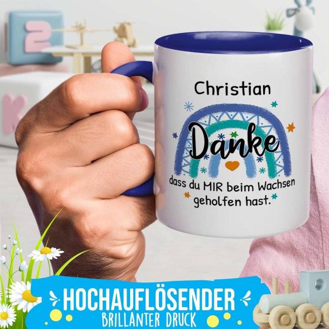 Tassendruck Namenstasse für Erzieher - Danke, dass du mir beim Wachsen geholfen hast - Regenbogen Blau Super Rabatt
