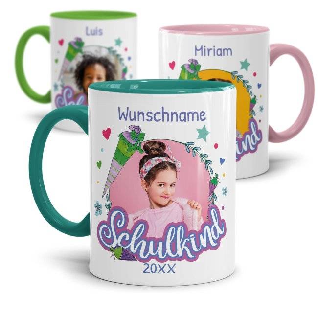 Tassendruck zur Einschulung - Schulkind Rosa - mit Foto, Jahr und Name personalisierbar