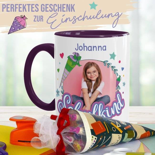 Tassendruck zur Einschulung - Schulkind Rosa - mit Foto, Jahr und Name personalisierbar Clearance-Verkauf