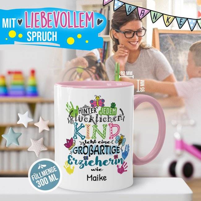 Tassendruck für Erzieherin - Hinter jedem Kind - bunt - mit Name personalisierbar Fabrikladen
