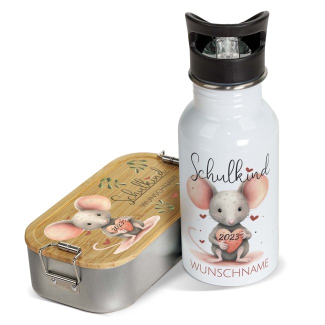 Tassendruck Geschenk-Set zur Einschulung - Trinkflasche & Brotdose - mit 5 süßen Tiermotiven zur Auswahl - mit Name und Jahreszahl personalisierbar Im Verkauf