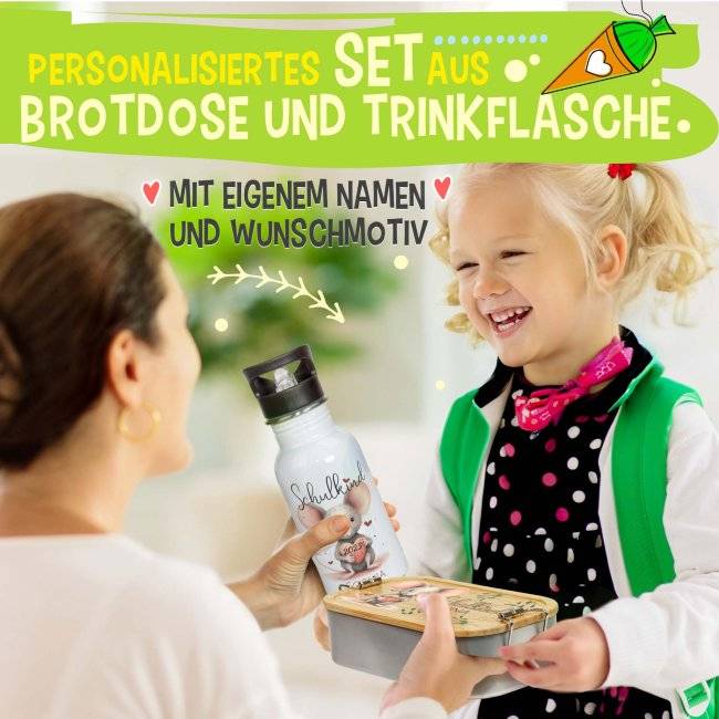 Tassendruck Geschenk-Set zur Einschulung - Trinkflasche & Brotdose - mit 5 süßen Tiermotiven zur Auswahl - mit Name und Jahreszahl personalisierbar Im Verkauf