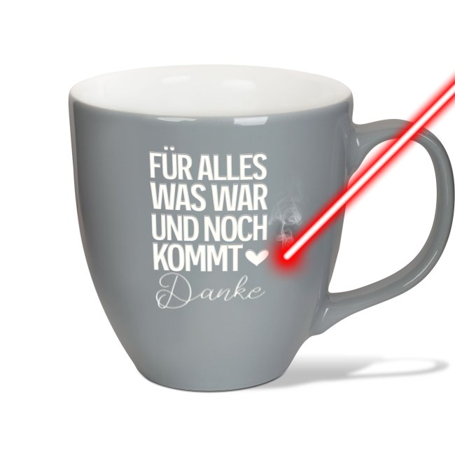 Tassendruck Hochglänzende Porzellantasse mit Gravur - XXL Jumbotasse - Danke - Glossy Auslauf