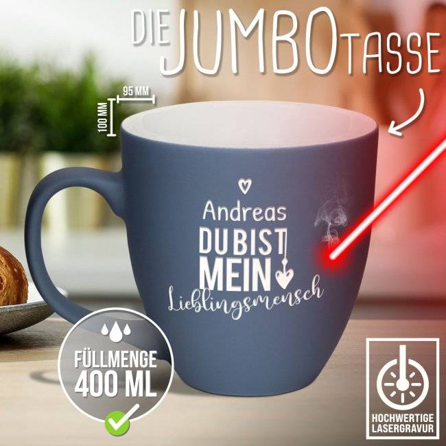 Tassendruck Samtig-matte Porzellantasse mit Gravur - XXL Jumbotasse - Lieblingsmensch - Softtouch Effect Schlussverkauf