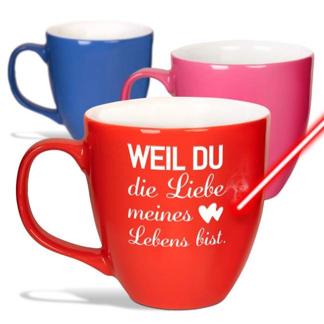 Tassendruck Samtig-matte Porzellantasse mit Gravur - XXL Jumbotasse - Liebe meines Lebens - mit Hochglanzeffekt