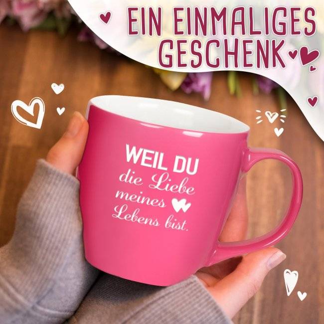 Tassendruck Samtig-matte Porzellantasse mit Gravur - XXL Jumbotasse - Liebe meines Lebens - mit Hochglanzeffekt Jubiläumsangebot