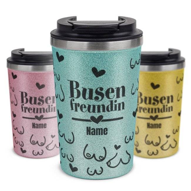 Tassendruck To Go Edelstahlbecher Glitzer - Busenfreundin - mit Name Räumungsverkauf