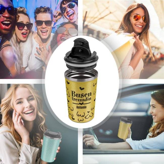 Tassendruck To Go Edelstahlbecher Glitzer - Busenfreundin - mit Name Räumungsverkauf