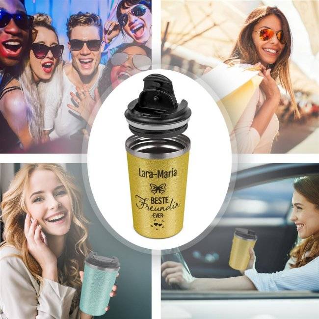 Tassendruck To-Go Edelstahlbecher Glitzer - Beste Freundin ever - mit Name Kauf eins, bekomm eins gratis
