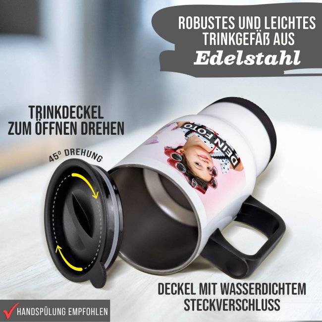 Tassendruck Thermobecher aus Edelstahl - weiß mit Deckel Super Sparpreis