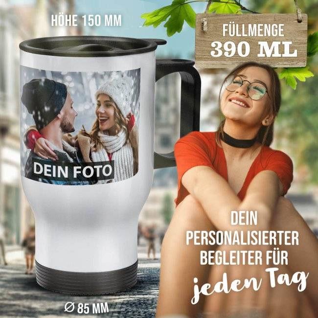 Tassendruck Thermobecher aus Edelstahl - weiß mit Deckel Super Sparpreis