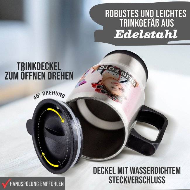 Tassendruck Thermobecher silber mit Deckel Kostenlose Rückgabe