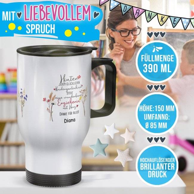 Tassendruck Thermobecher für Erzieherin - Hinter jedem Kind - Blumen - mit Name personalisierbar - Weiß Begrenzte Freigabe