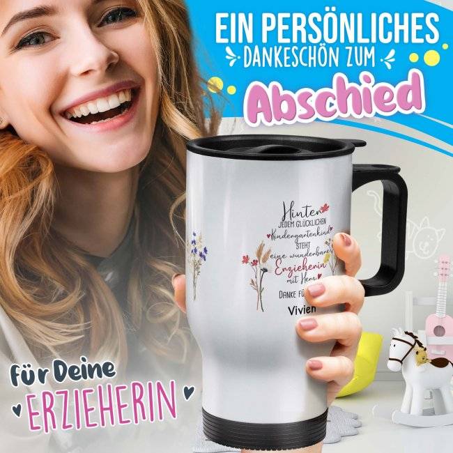 Tassendruck Thermobecher für Erzieherin - Hinter jedem Kind - Blumen - mit Name personalisierbar - Weiß Begrenzte Freigabe
