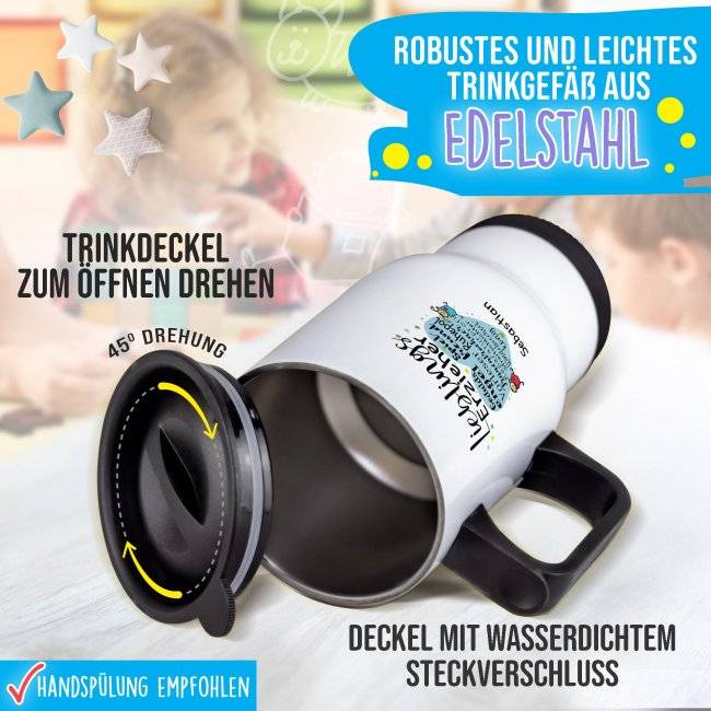 Tassendruck Thermobecher für Erzieher - Lieblingserzieher - mit Name personalisierbar - Weiß Letzte 2 Tage