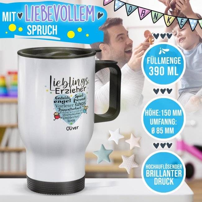 Tassendruck Thermobecher für Erzieher - Lieblingserzieher - mit Name personalisierbar - Weiß Letzte 2 Tage